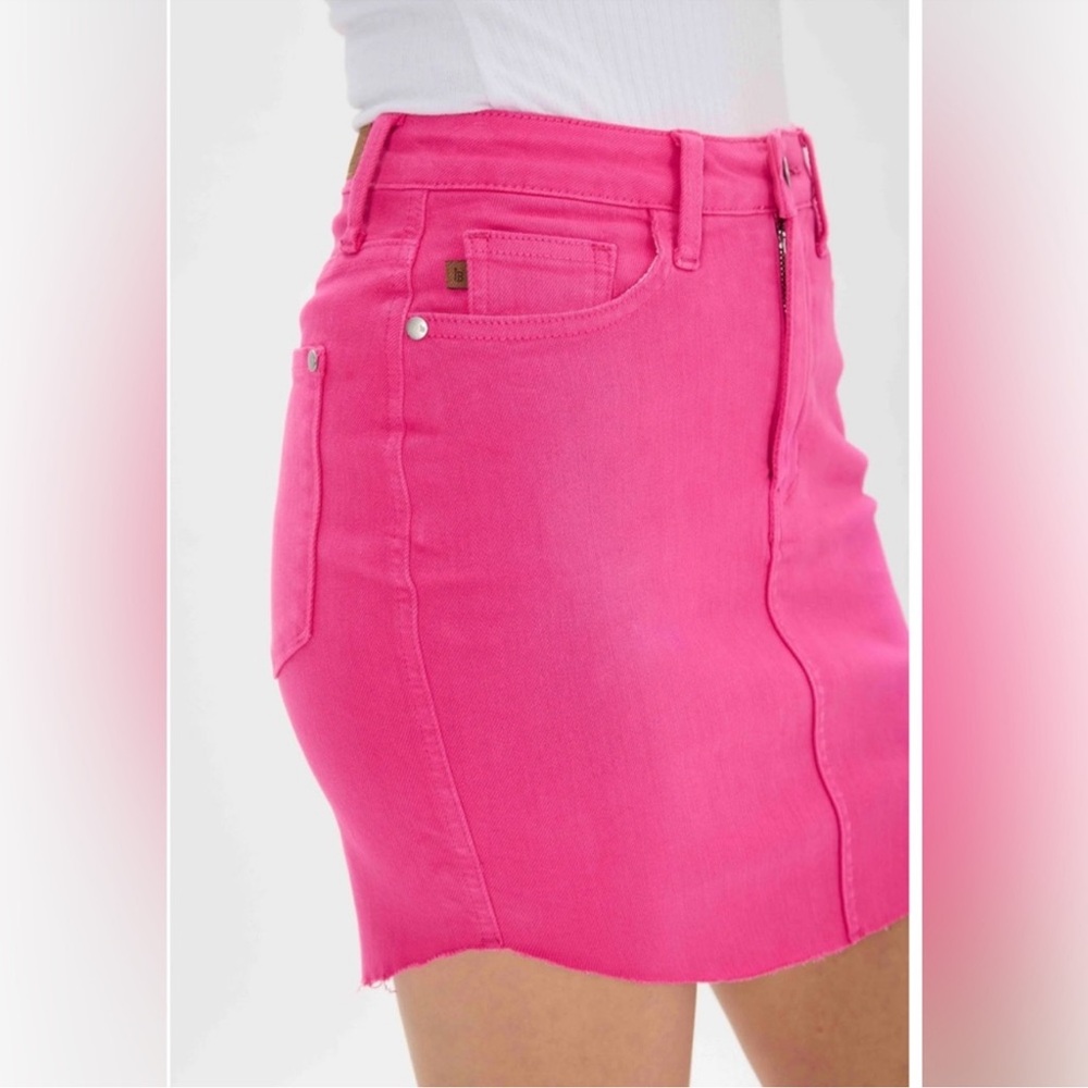 NWT Judy Blue Hot Pink Garment Dyed Denim High Waist Shirttail Hem Mini Skirt